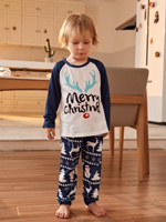 Özel Lacivert Aile Noel Pijama Takımı Geyik Baskılı Pamuklu Çocuk Noel Pijamaları Bambu Aile Pijama Takımları Kadın Noel Pijamaları