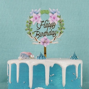 ชุดตกแต่งเค้กอะคริลิคสีทองลายดอกไม้สำหรับวันเกิด ขายส่ง - Product Image 5