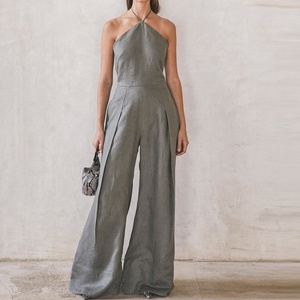 Pantalones largos con cuello redondo de bambú para mujer, <span class=keywords><strong>mono</strong></span> de lino con tirantes finos, 100% de lino - Product Image 1