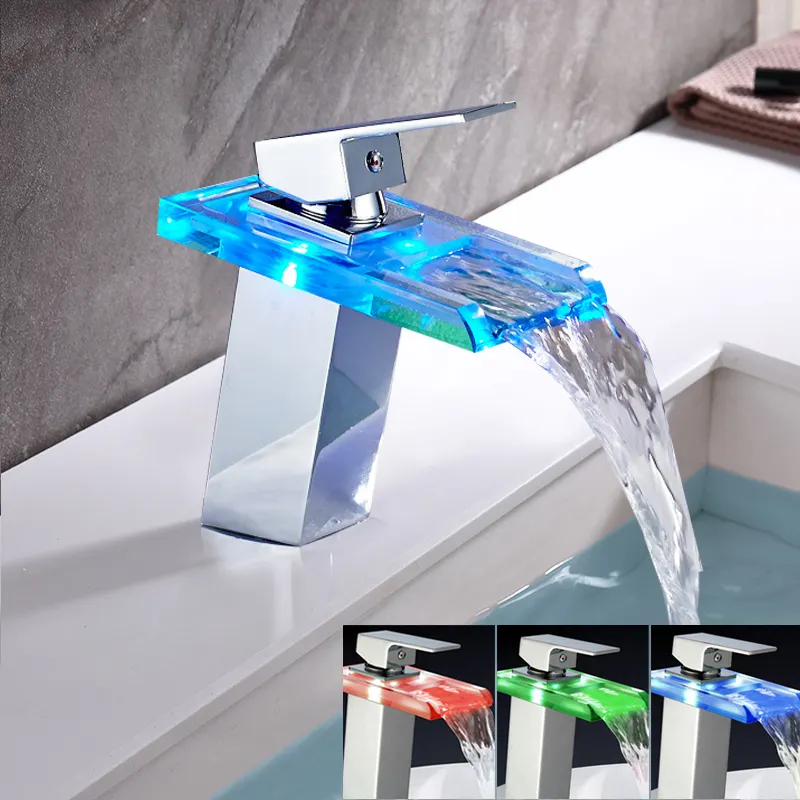 LED color changing glass faucet bathroom vanity faucet color deck installation sink glass brass waterfall faucet