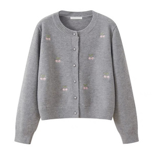 Women's Round Neck Knitted <b>Cardigan</b> Long Sleeve Sweet Cherry Embroidery Casual Loose Fit Autumn Winter Sweater Coat - Product Image 2