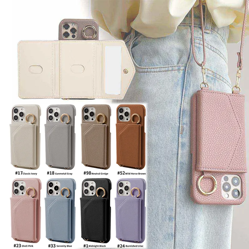 Crossbody Wallet Purse Mirror Multi-function Shoulder Straps Hand Holder Mobile Phone Bags   Cases For Iphone 13 14 Pro