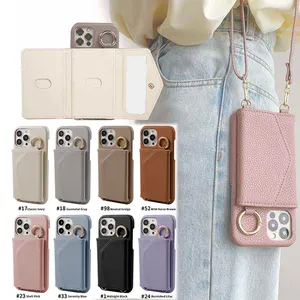 Crossbody Leather Wallet Purse Mirror Multi-function Shoulder Straps Hand Holder Mobile Phone Bags Cases For Iphone15 Pro Max