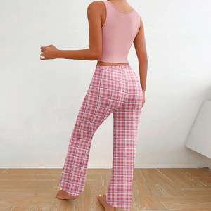 Ensemble de pyjama en mousseline de soie pour femmes, sans manches, veste à carreaux, haut imprimé lettres, col en V, respirant, séchage rapide, élastique, printemps/automne/hiver - Product Image 6