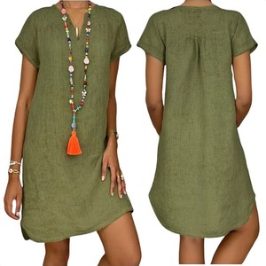 Abito Estivo Casual da <span class=keywords><strong>Donna</strong></span> in Cotone e <span class=keywords><strong>Lino</strong></span> Mini Abito da Spiaggia Vintage con Scollo a V <span class=keywords><strong>Maniche</strong></span> <span class=keywords><strong>Corte</strong></span> Taglie Forti Vita Naturale Lavabile - Product Image 3