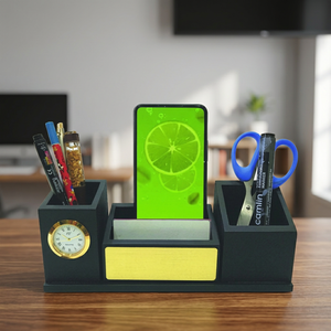 Organisateur de bureau en bois personnalisé, porte-cartes de visite, porte-cartes de nom de bureau avec porte-stylo, porte-crayon, ciseaux, horloge - Product Image 4
