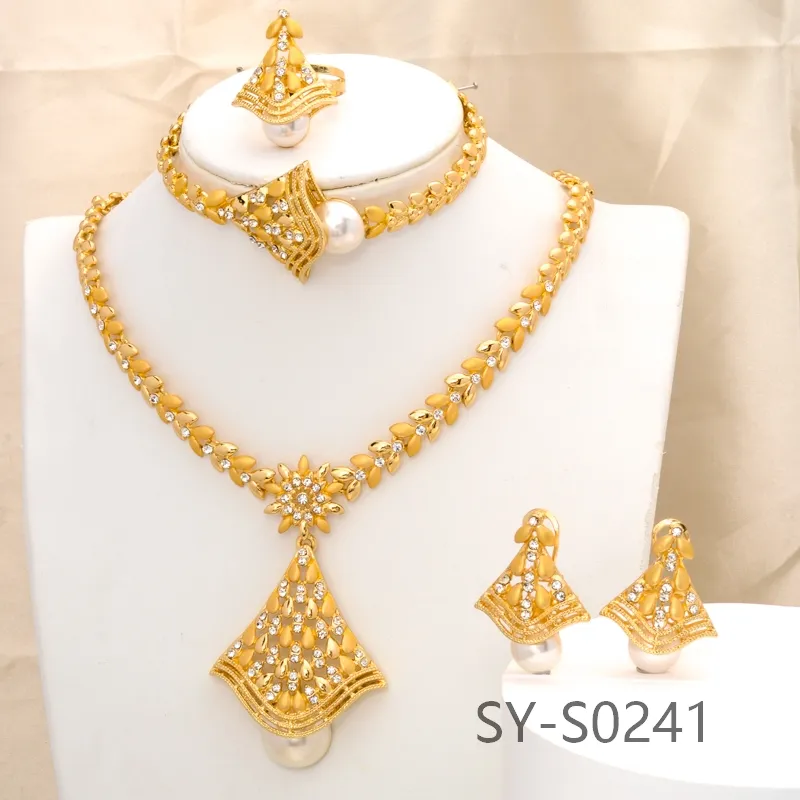 Plated Wedding Jewelry Sets Gold Fashion Luxury Indian Brass Vintage Opp Bag Women's Flower Zircon Copper Bridal Jewelry Set