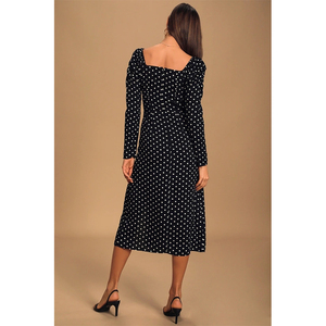 Abito <span class=keywords><strong>Midi</strong></span> <span class=keywords><strong>Nero</strong></span> a Pois con <span class=keywords><strong>Maniche</strong></span> <span class=keywords><strong>Lunghe</strong></span>, Elegante e Raffinato per Signore - Product Image 5