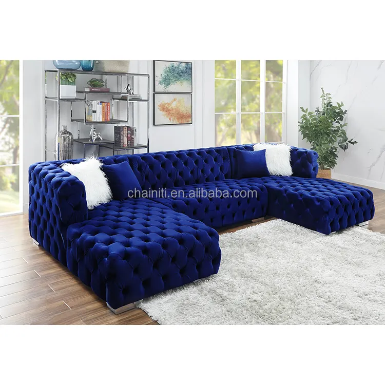 Chainiti Furniture High quality Living Room Double Chaise Sectional Sofa Velvet Fabric Tufted Button Couch