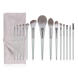 Private Label Luxury High Quality 14-Piece Silver Makeup Brush Set for Face Eye Concealer Foundation Synthetic <strong>Fibre</strong> Wood Handle - Product Image 1