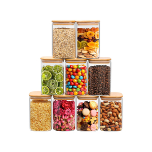 Bocaux de conservation alimentaire en verre empilables carrés avec couvercles en bois d'acacia, résistants au congélateur et chauffables - Product Image 1