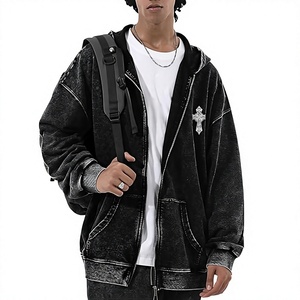 Sweat à capuche noir délavé pour hommes, fermeture éclair, imprimé croix gothique, ailes d'ange, streetwear Harajuku Y2K - Product Image 4