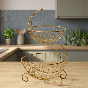 Panier de rangement moderne à double niveau en métal, design fil doré, sur pied, pour salon - Product Image 5