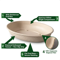 Tazón Ovalado Desechable Ecológico de Bagazo de Caña de Azúcar de 23.5x17*4cm, Contenedor de Alimentos de 850ml con Tapa Transparente de PET