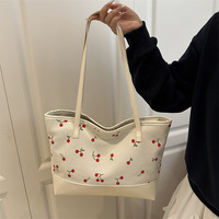 Sac fourre-tout en PU grande capacité pour femme, style coréen, motif cerises, sac à bandoulière pour usage quotidien, shopping et trajets