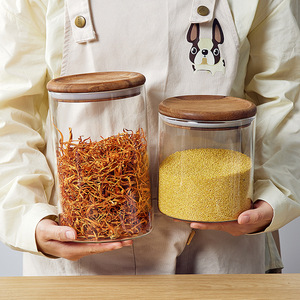 Household Kitchen Sealed Jars Glass Food Storage Jars with Wooden Lids Clear Glass Food Sealed Storage Jars