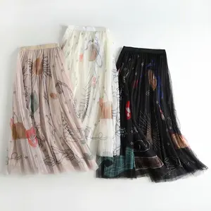 Y402029 Lengte 90Cm Maxi Tule Rok Vrouwen Koreaanse Stijl Mode Mooie Print Een Lijn Hoge Taille Geplooide Lange Rok