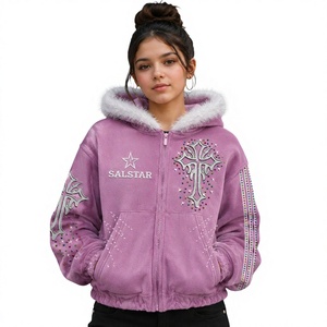 SALSTAR Sweat à capuche en polaire violet pour femme avec perles croisées et paillettes, veste décontractée d'hiver - Product Image 1