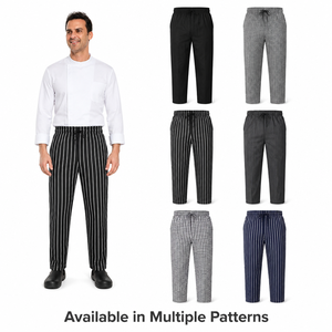 Pantalon de Chef Unisexe à Taille Élastique Ample pour Restaurant et Cuisine, Rayures Noires et Blanches Pied-de-Poule, en Polycoton, Uniforme de Chef Personnalisable - Product Image 1