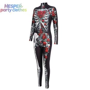 HESPER Disfraz de Halloween para Mujer, Mono Ajustado Elástico con Estampado de Calavera y Rosa Fantasmal, Ropa de Pascua Aterradora - Product Image 2