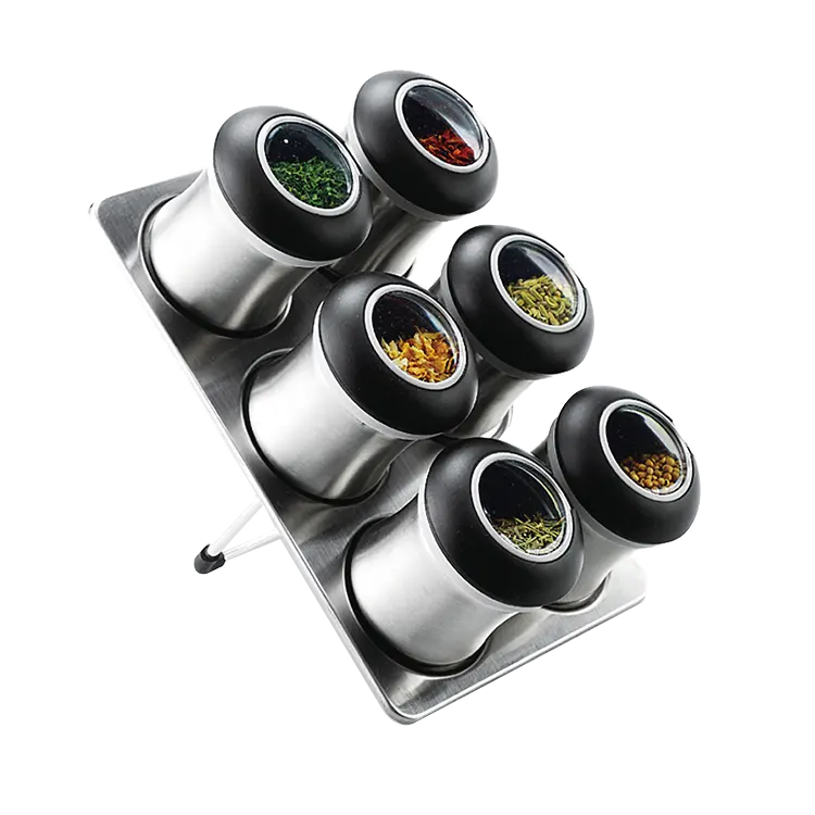 Factory Wholesale 6 pcs Set Stainless Steel Magnetic Spice Jar/ Magnetic Spice Condiments Tin with Rack