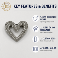 Épingle à lacets Cœur en cristal, boucle de lacet en strass, breloque cœur pour baskets, design ajouré, ton argenté, personnalisable OEM
