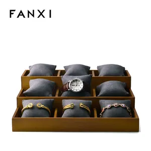 FANXI OEM定制实木珠宝展示手镯手镯珠宝托盘，带超细纤维插入手表展示托盘