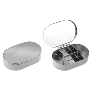 Custom LOGO Oval blank pill box silver folding with mirror pill box persionized design rectangle simple snap pill box