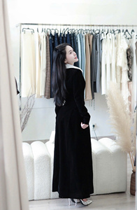 Vestido Largo Negro con Cuello Camisero Blanco, Vestido Elegante de Manga Larga con Cuello Camisero Vietnamita, Vestido de Fiesta de Poliéster Tejido, OEM - Product Image 3