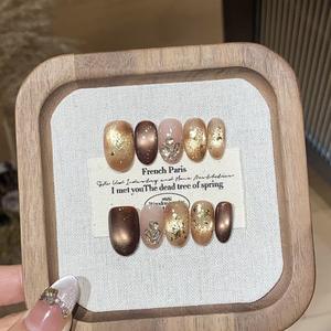 10 pièces ballerine courte presse à la main sur les <span class=keywords><strong>ongles</strong></span> couverture complète oeil de chat <span class=keywords><strong>faux</strong></span> <span class=keywords><strong>ongles</strong></span> bâton sur les <span class=keywords><strong>ongles</strong></span> avec strass feuilles décorées - Product Image 4