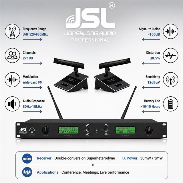 JSL Dual-Channel UHF Wireless Microphone System 520-930MHz 100 Channels Gooseneck Mic