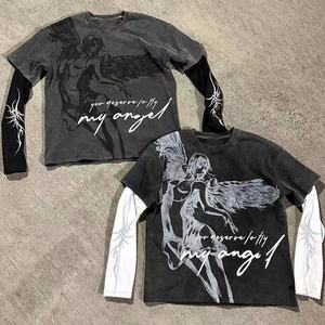 เสื้อยืดคอตตอนพิมพ์ลายสกรีนแบบกำหนดเอง แขนยาววาฟเฟิลสองชั้น แต่งขาดสไตล์วินเทจ ล้างสีแบบ Stone Acid Wash สำหรับผู้ชาย - Product Image 2