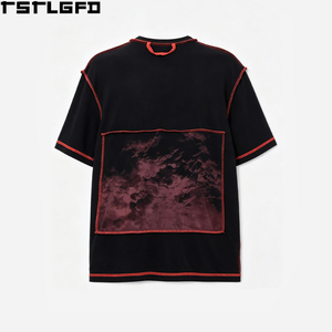 Cut And Sew Red Contrast Stitch <b>T</b> <b>Shirt</b> Men Black Crew Neck Distressed Print Patch <b>Gothic</b> Streetwear Y2K Wholesale Bulk Factory - Product Image 5