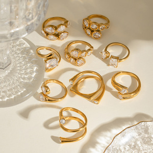 Zircon <b>Ring</b> Set Gold Plated Open <b>Adjustable</b> <b>Rings</b> With Crystal Stones For Party Unisex Jewelry Geometric Design Star Pattern - Product Image 4