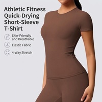 Kaos Olahraga Wanita Lengan Pendek Ketat Model Fitted Double Brushed Warna Solid Bahan Bernapas Cepat Kering untuk Lari Fitness Yoga Gym