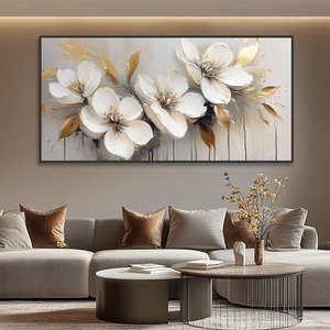 Cuadro Grande Floral Pintado a Mano sobre Lienzo con Hojas Doradas Texturizadas, Arte <span class=keywords><strong>de</strong></span> Pared con <span class=keywords><strong>Flores</strong></span> Blancas, Pintura al Óleo <span class=keywords><strong>para</strong></span> <span class=keywords><strong>Sala</strong></span> <span class=keywords><strong>de</strong></span> Estar - Product Image 3