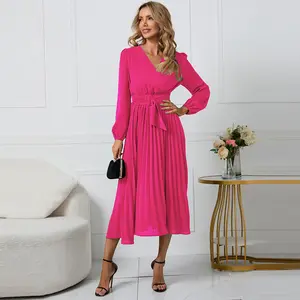 Foreign Trade Women's New Long-Sleeved Slim Pleated Belt V-Neck dresses for ladies