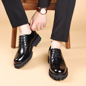 First Layer Cowhide Business Casual Korean <b>Style</b> Round <b>Head</b> Lace-up Genuine Leather Shock Absorption Office Career Men's Loafers - Product Image 3