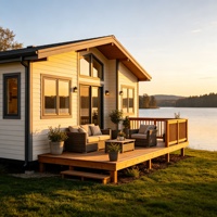 Maisonnette mobile préfabriquée en panneaux sandwich respirants avec terrasse en bois et grandes fenêtres, idéale pour ferme, appartement, bureau, école - Vente en gros (5 unités)