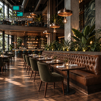 Ensemble de sièges de restaurant personnalisables en cuir cognac capitonné, table à manger en bois, chaises de restaurant, fournisseur en gros OEM ODM