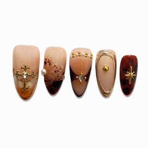 Uñas Postizas en Forma de Almendra con Diseño Degradado Estilo Francés, Metálicas en Relieve, Pre-Diseñadas con Pegamento - Product Image 2