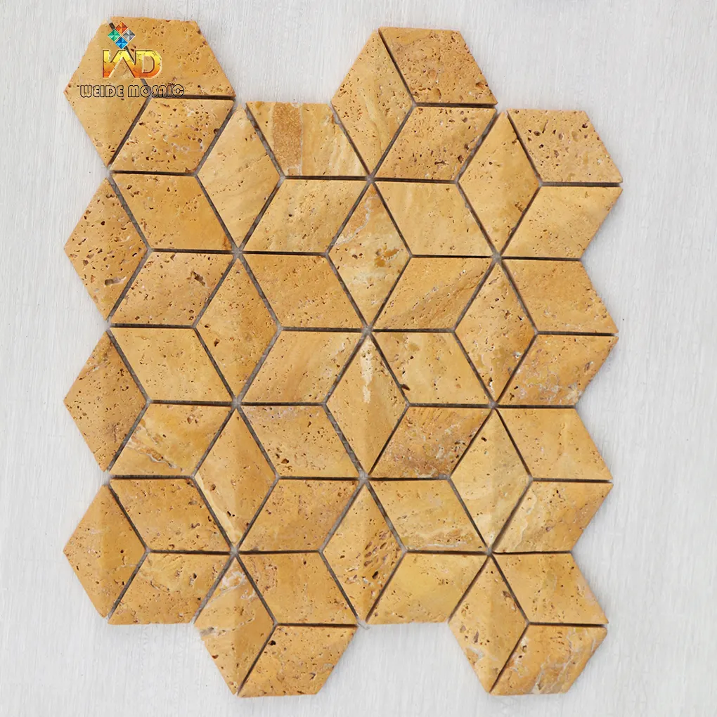 Factory Wholesale 3D Diamond Shaped Marble Mosaic Tiles Classical Gold Golden Travrtine Marble Mosaic Tile Stone Wall Tiles