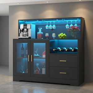 Modern Panel <b>Bar</b> Cabinet Double Door Storage Drawers Glass Holder Wine Rack-Multipurpose Kitchen/Coffee Shop Storage Furniture - Product Image 1