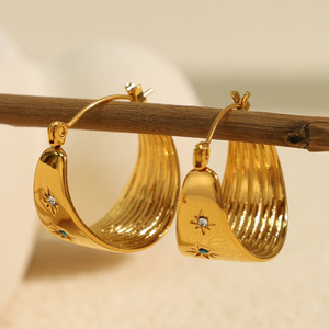 Hoop Earrings 18K Gold Plated <b>Titanium</b> Steel Inlaid Zircon Eight Pointed Star Women's Wide Hoop Everyday Wear - Product Image 3