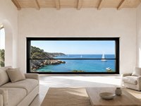 Ventana Corredera Vertical Motorizada de Aluminio y Vidrio Inteligente Personalizada, Insonorizada, con Control Remoto, para Sala de Estar de Villa