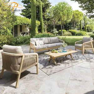 Juego de asientos de sofá de jardín moderno, silla de madera de teca y sofá de tela impermeable blanca, juego de muebles de <span class=keywords><strong>exterior</strong></span> - Product Image 3