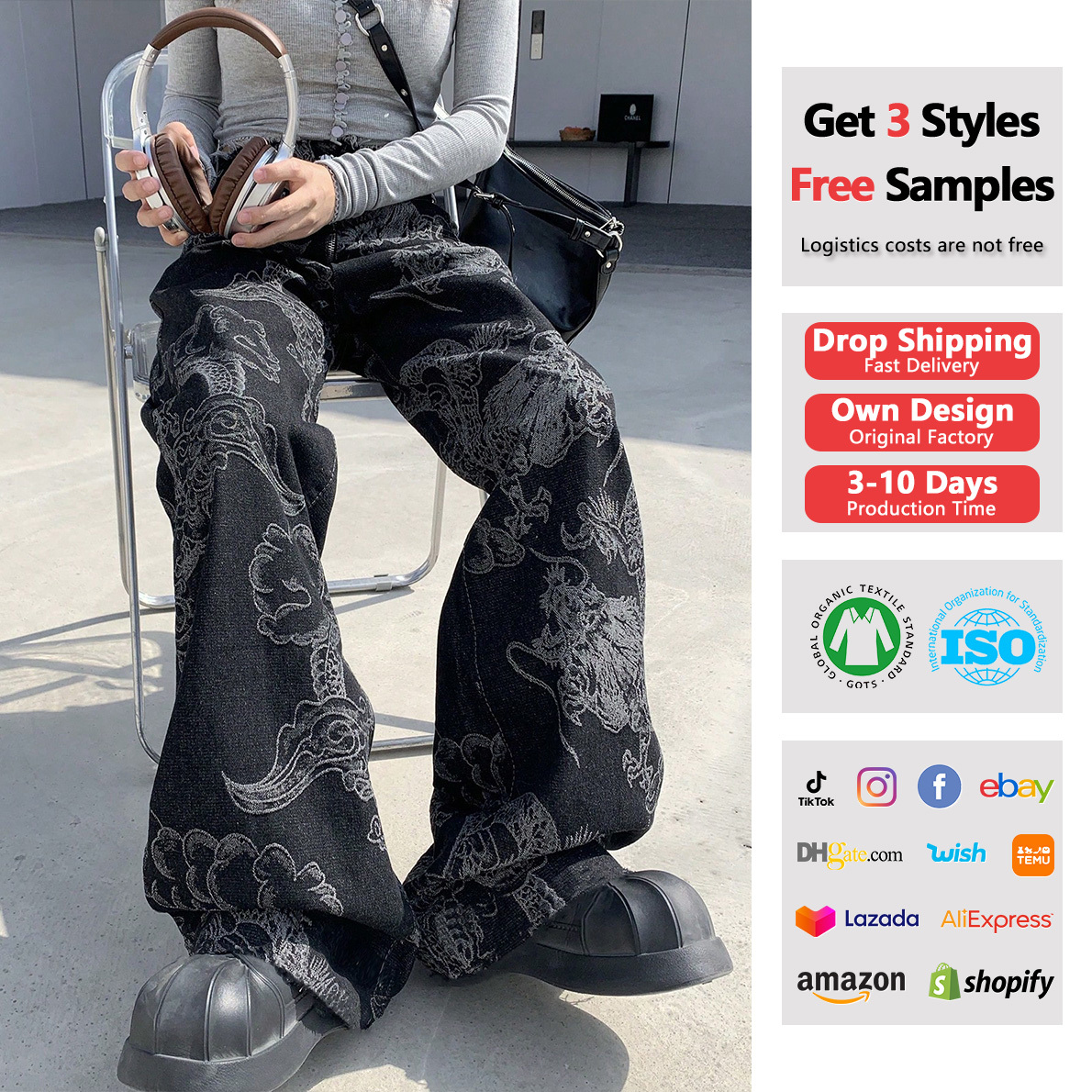 Cyber Goth Pants High Waist Baggy Denim Trousers