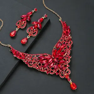 Novo produto acessórios de colar elegante strass vermelhos colares e brincos conjunto de joias ins acessórios