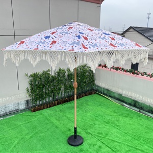 Fantastique luxe crochet patio parapluie en bois glands en coton faits à la main 2.5M <span class=keywords><strong>parasol</strong></span> cordes en macramé parapluie ouvert avec frange - Product Image 1