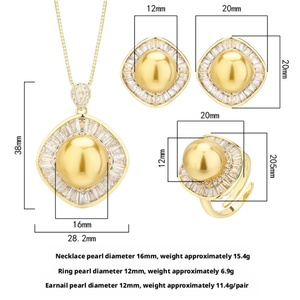 Conjunto de Joyería de Alta Calidad Ecológico con Bisel Cuadrado de Cobre, Circonita Corte Baguette de 16-12mm, Collar de Perlas Doradas, Pendientes y Anillo - Product Image 2